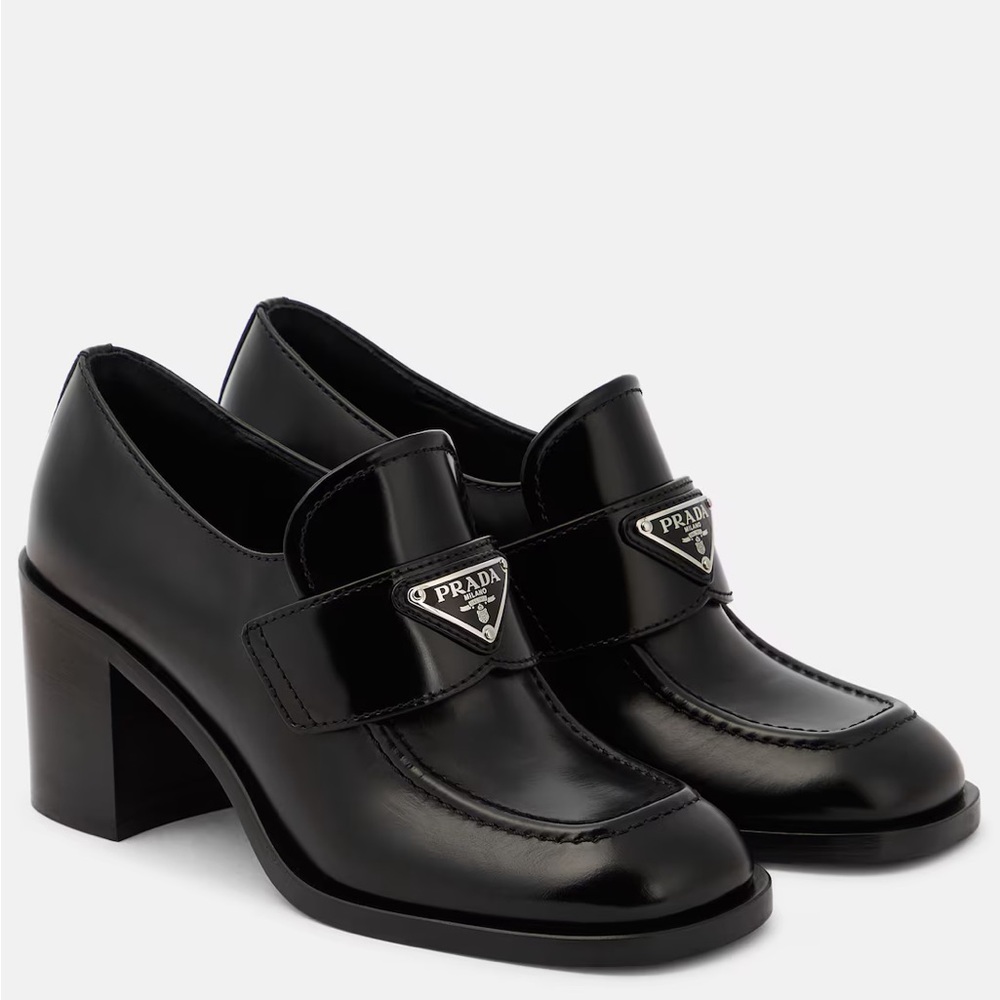 Prada Black Patent Leather Block Heel Loafers with Triangular Logo